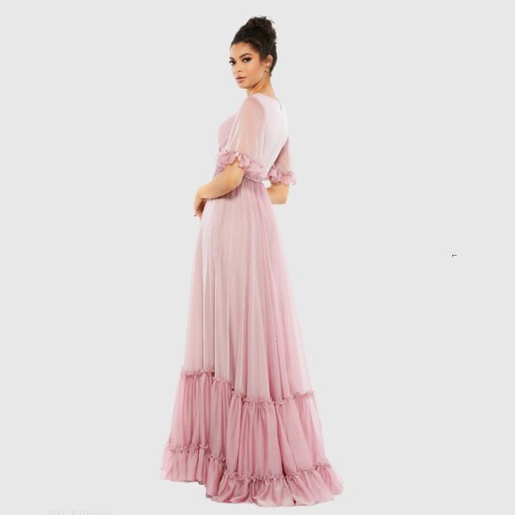 NWT Mac Duggal Butterfly Ruffle Trimmed Sleeve Wrap Over Flowy Gown Rose #A0544 - Picture 4 of 8